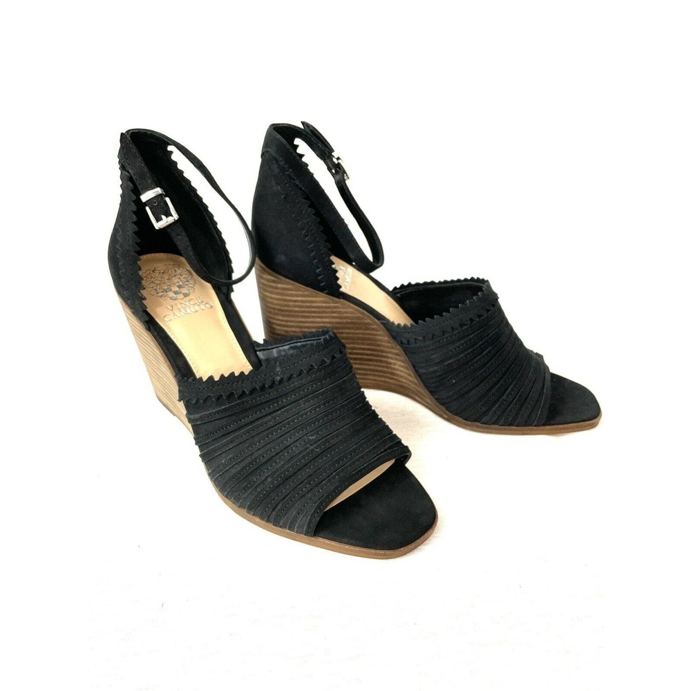 Vince Camuto Dovina Womens Wedge Sandal Black Suede Size 10 Ankle Strap